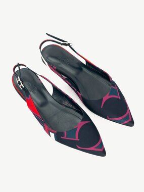Hermes Laura Navy Les Coupes-Print Slingback Pointed-Toe Flats